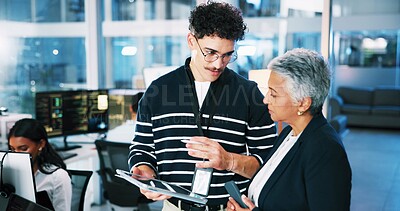 Buy stock photo Developer, tablet and advice with woman in office for software system or website update. Night, web designer or backend engineer with feedback for company development or workplace project management