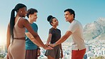 Happy people, fitness and hands together with team in nature for workout, exercise or motivation. Active, group or friends piling with smile or stack for mission, training or health and wellness