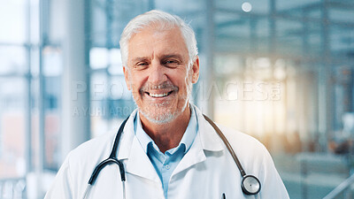 Buy stock photo Portrait, mature man and doctor in healthcare with smile, professional career or wellness in clinic. Hospital, male person and cardiologist with confidence for about us, medical employee and happy