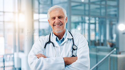 Buy stock photo Portrait, mature man and doctor in hospital with smile, professional pride and wellness in clinic. Healthcare, male person and cardiologist with arms crossed for about us, medical employee and happy