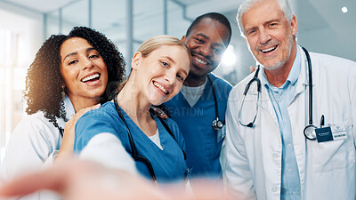 Buy stock photo People, doctors and nurses in clinic for selfie, bonding together and memory for profile picture. Portrait, men and women as medical employees with photography, social media and about us with smile