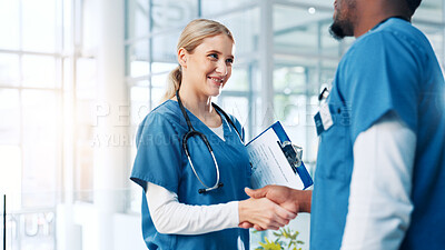 Buy stock photo Hospital, nurses and woman with handshake for welcome, teamwork and motivation in clinic for work. People, employees and partnership with shaking hands for medical, thank you or support in healthcare