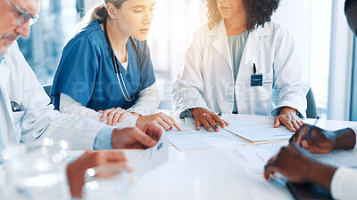 Buy stock photo Healthcare, doctors and nurses with documents in meeting, diagnosis feedback and collaboration. Teamwork, employees and surgeon with paperwork for medical treatment, planning and talking in clinic