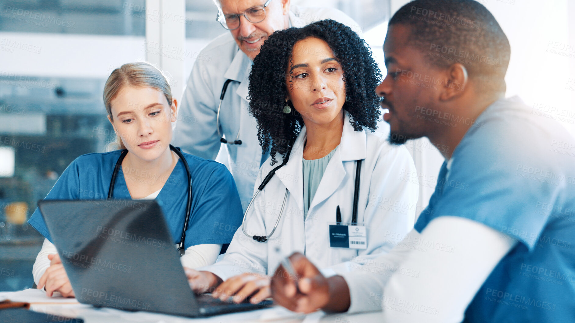 Buy stock photo Doctors, nurses and meeting with laptop at hospital, review and strategy with report for virus in boardroom. People, medical staff and team with feedback, talking and planning for solution at clinic