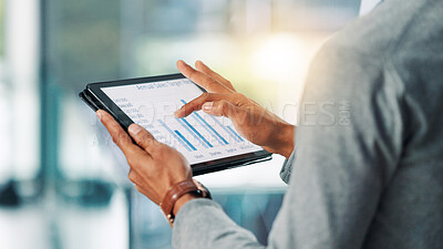 Buy stock photo Hands, business person and tablet screen for sales performance review, metrics and stats. Tech, closeup and worker with data analysis for finance, kpi or annual target comparison with graph in office