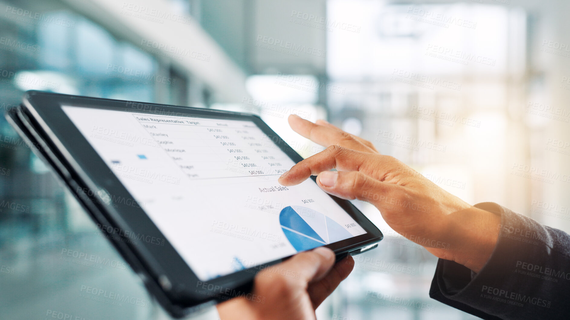 Buy stock photo Hands, business and man with tablet screen, charts and typing with email for budget report. Closeup, person and financial advisor in workplace, fintech and graphs for profit growth and investment