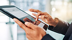Business person, hands and tablet with stock market research for analysis or statistics at office. Closeup, investor or employee browsing with technology for online finance, trading or investment app