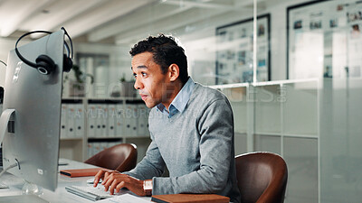 Buy stock photo Computer, typing and man in call center for help or online assistance admin. Communication, contact us and customer service with employee in office for feedback or support as virtual assistant