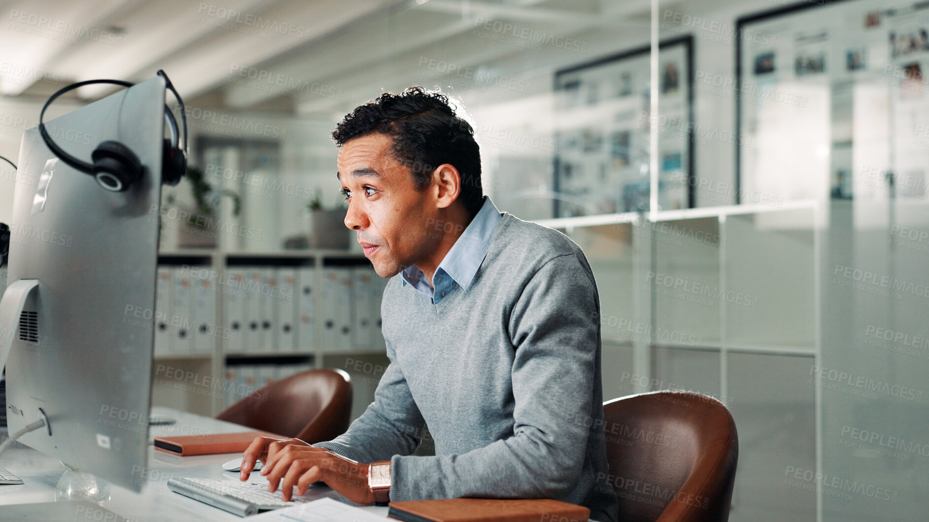 Buy stock photo Computer, typing and man in call center for help or online assistance admin. Communication, contact us and customer service with employee in office for feedback or support as virtual assistant