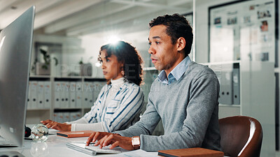 Buy stock photo Office, coworking and businessman with computer for typing, auditing and research for information. Employees, male person and accountant with digital for finance report, online review and tax website