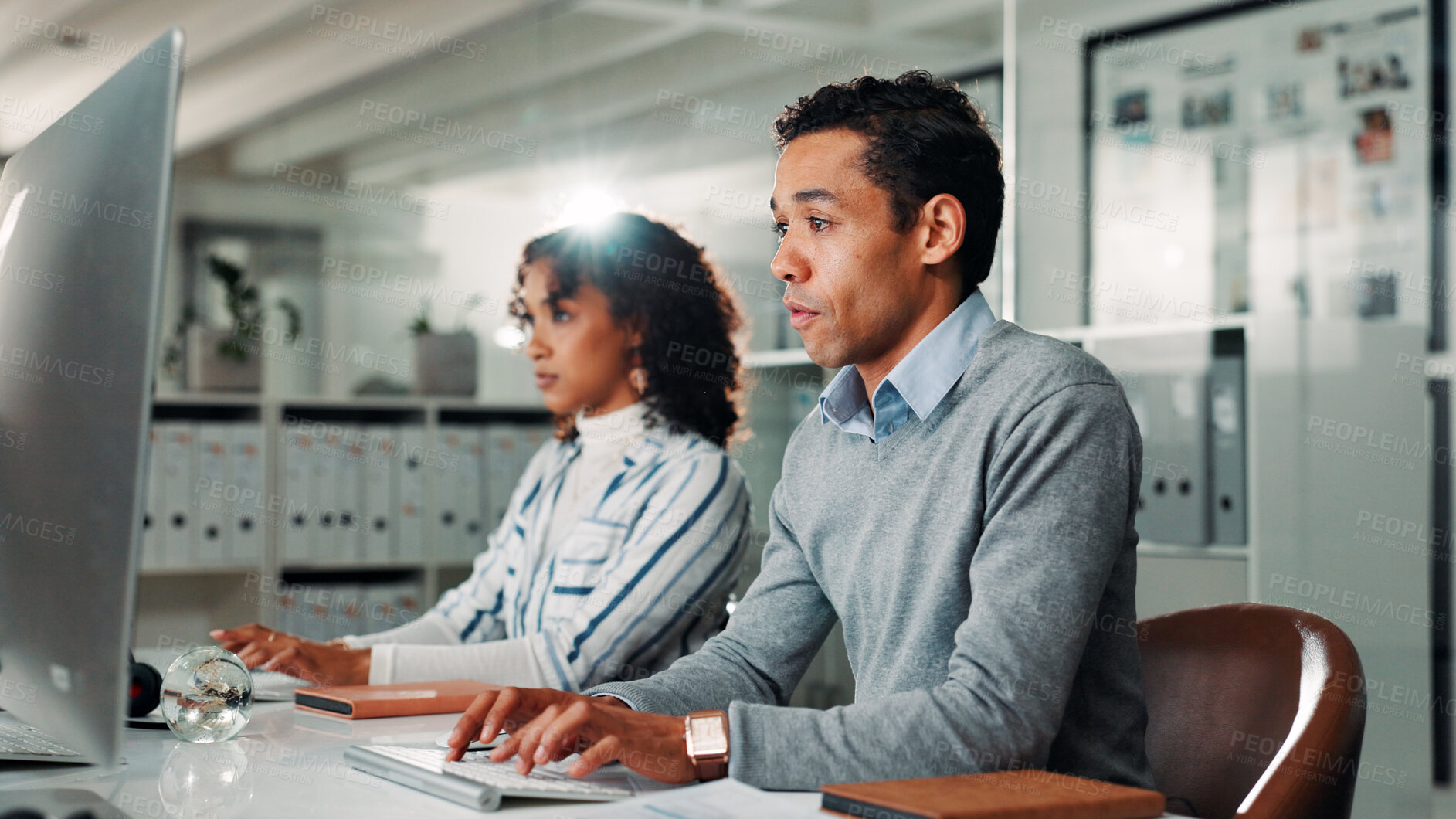 Buy stock photo Office, coworking and businessman with computer for typing, auditing and research for information. Employees, male person and accountant with digital for finance report, online review and tax website