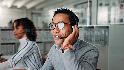 Buy stock photo Customer service, call center and business man in office for online help, virtual assistance and consulting. Professional, coworking and person with headset for communication, contact and crm support