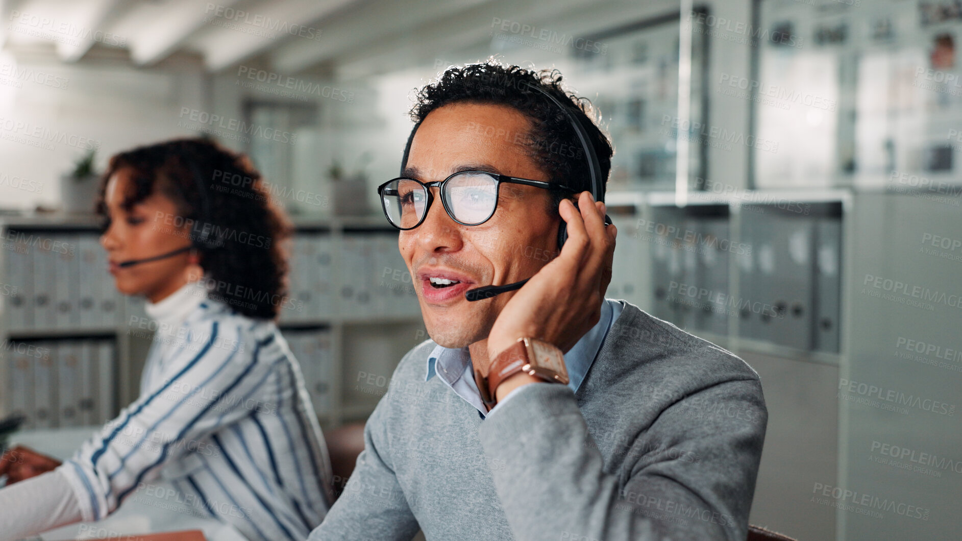 Buy stock photo Customer service, call center and business man in office for online help, virtual assistance and consulting. Professional, coworking and person with headset for communication, contact and crm support