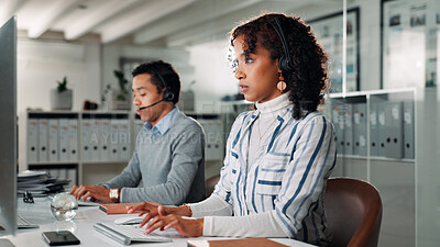 Buy stock photo Customer service, call center and business people in office on computer for online help, contact and consulting. Headset, coworking and workers for communication, virtual assistance and crm support