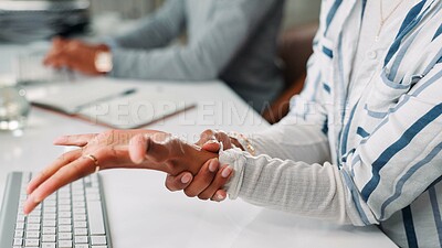 Buy stock photo Business woman, hands and wrist pain in office with carpal tunnel syndrome with joint injury. Closeup, strain and employee with inflammation, massage and ache for osteoporosis or muscle tension