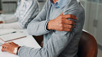 Buy stock photo Business person, hands and shoulder pain in office with stress, burnout and overtime joint injury. Closeup, strain and employee with inflammation, massage and ache for osteoporosis or muscle tension