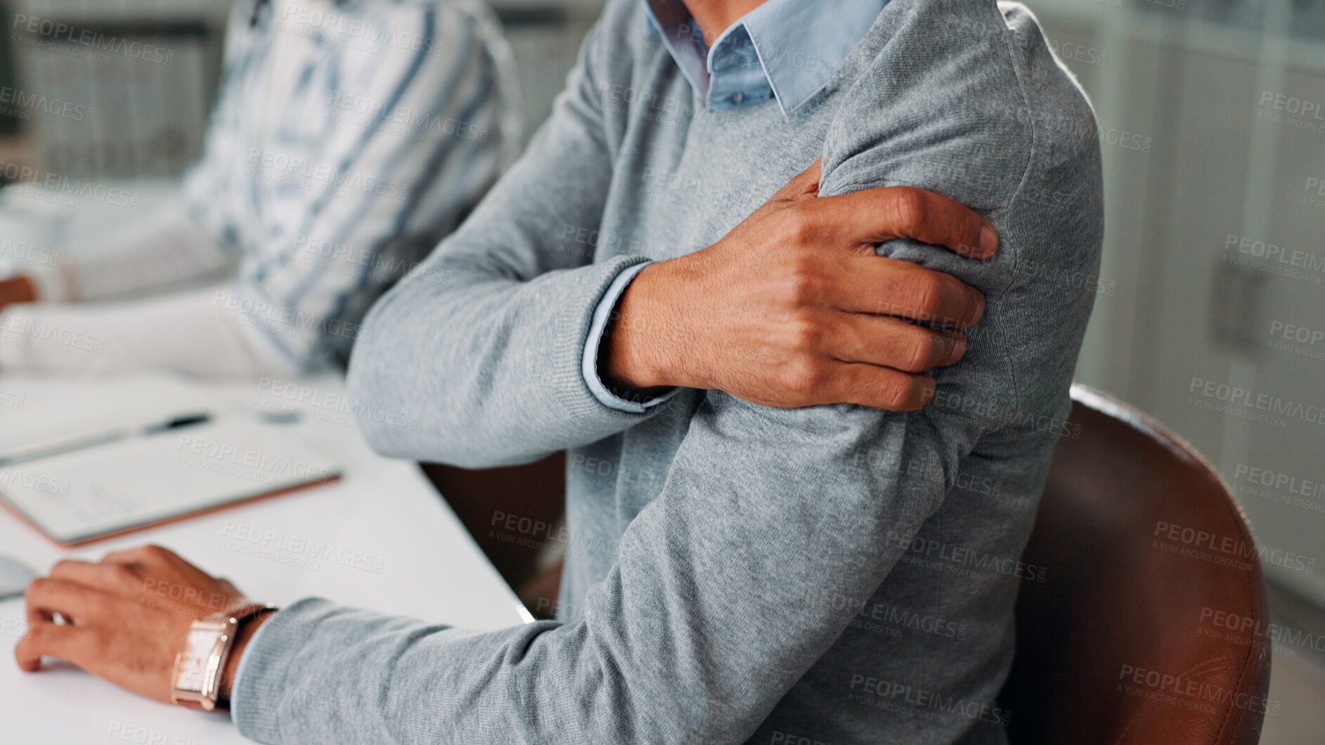 Buy stock photo Business person, hands and shoulder pain in office with stress, burnout and overtime joint injury. Closeup, strain and employee with inflammation, massage and ache for osteoporosis or muscle tension