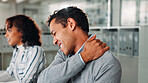 Businessman, stress and neck pain in office with carpal tunnel syndrome or shoulder  joint injury. Person, strain and employee with inflammation, massage and ache for osteoporosis or muscle tension