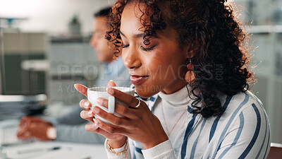 Buy stock photo Office, coworking and business woman with coffee for aroma, drink and espresso break for consultant. Workplace, female person and professional worker with tea cup as beverage, caffeine or smell scent