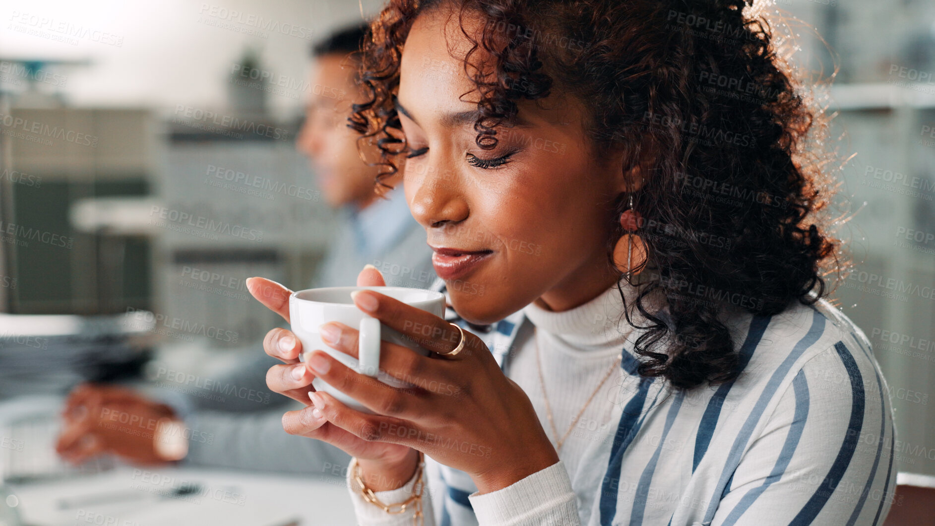 Buy stock photo Office, coworking and business woman with coffee for aroma, drink and espresso break for consultant. Workplace, female person and professional worker with tea cup as beverage, caffeine or smell scent