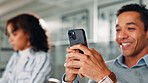 Hands, phone and texting in office with business people, contact or networking at startup company. Person, smartphone and click on mobile app for notification, chat or social media at creative agency