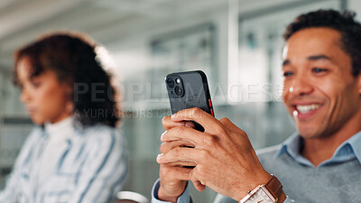 Buy stock photo Hands, phone and texting in office with business people, contact or networking at startup company. Person, smartphone and click on mobile app for notification, chat or social media at creative agency