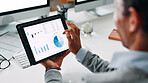 Businessman, hands and tablet screen with statistics for company performance or report at office. Man, employee or financial analyst with technology display, graph or chart for corporate analytics
