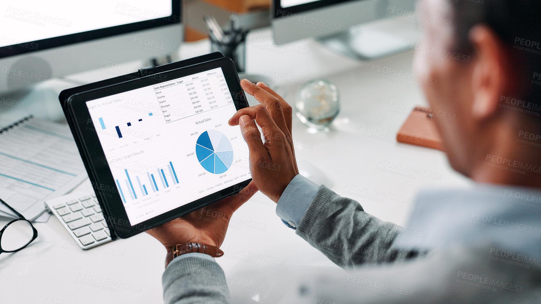 Buy stock photo Businessman, hands and tablet screen with statistics for company performance or report at office. Man, employee or financial analyst with technology display, graph or chart for corporate analytics