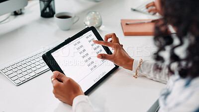 Buy stock photo Online, screen and hands with tablet, office and checking performance of sales for financial growth. Digital, scroll and business analyst with tech for revenue, numbers and person with insight on web