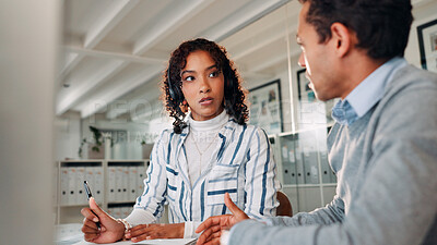 Buy stock photo Woman, man and mentor at call center with discussion, documents and computer with headset at office. Agent, manager and consultant with advice, paperwork and training for customer support career