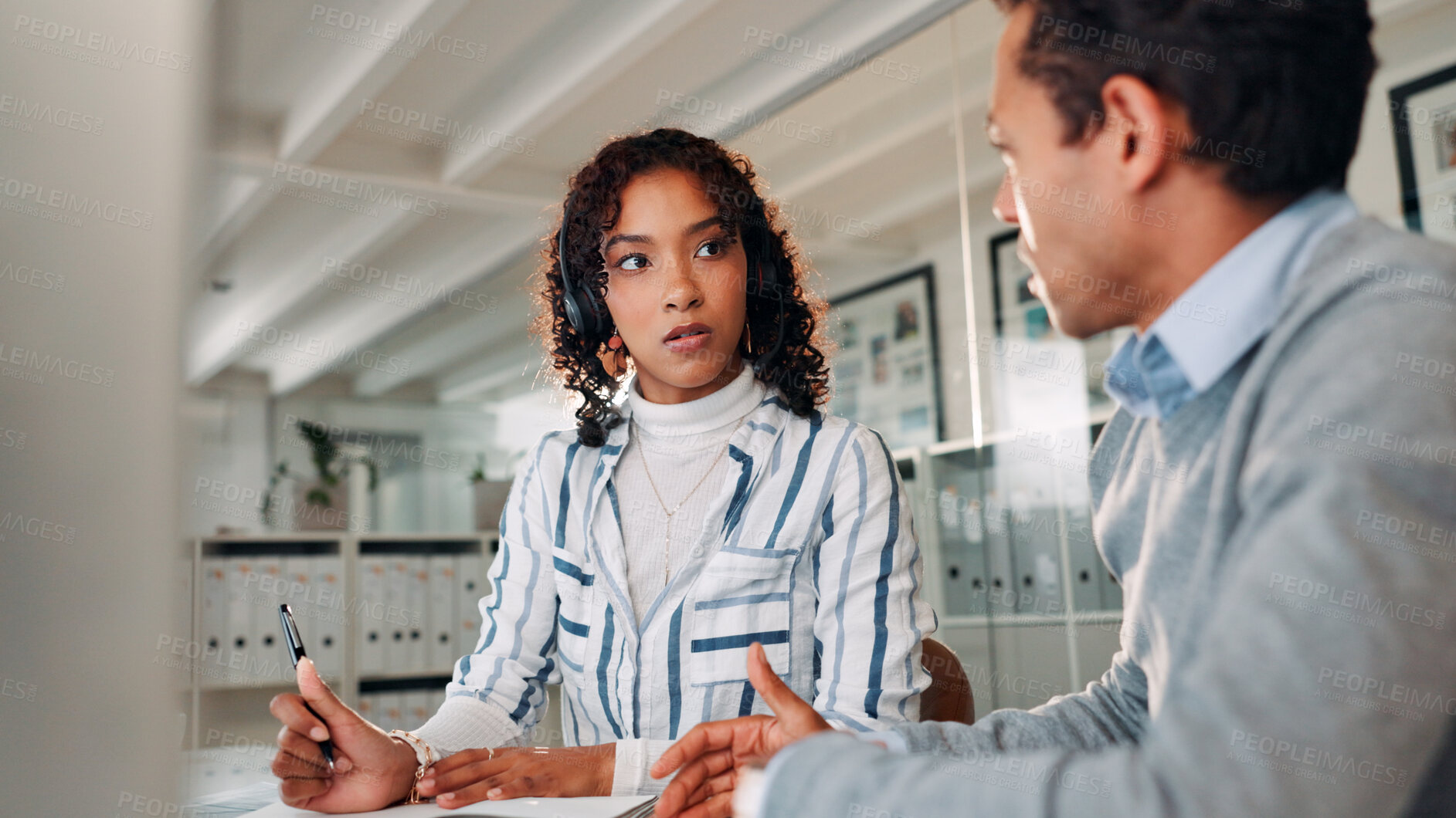 Buy stock photo Woman, man and mentor at call center with discussion, documents and computer with headset at office. Agent, manager and consultant with advice, paperwork and training for customer support career