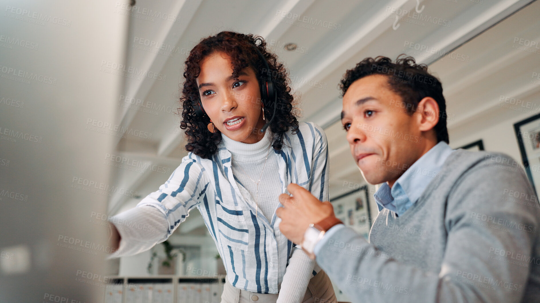 Buy stock photo Help, call center and business people in office, computer and discussion with mentor. Employees, customer service and consultant in workplace, pc and training with conversation, internet and coaching