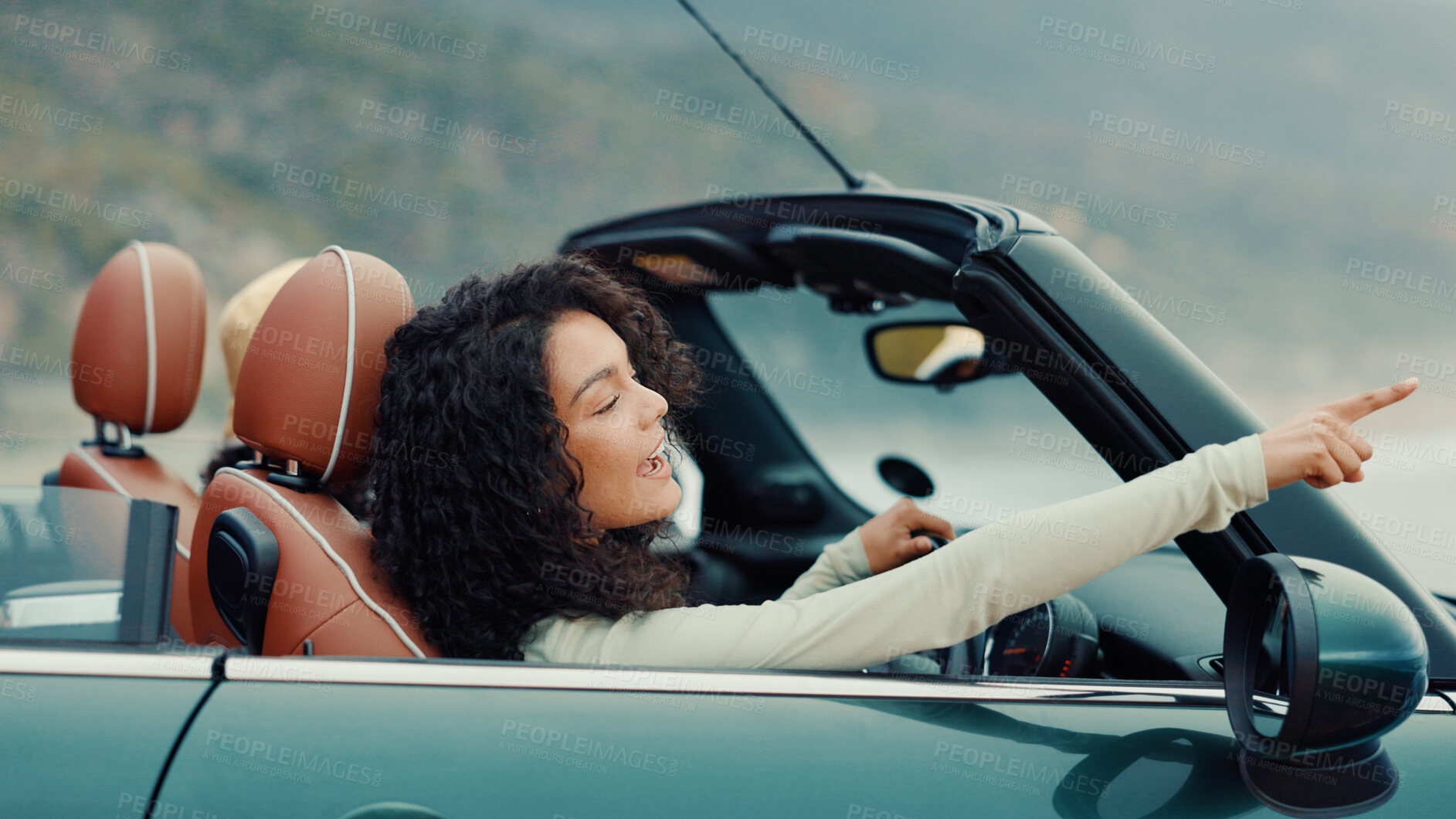 Buy stock photo View, road trip and friends in car for holiday, travel or vacation on outdoor adventure. Pointing, explore and women with destination, memory or motor vehicle for weekend getaway, scenery or journey