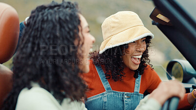 Buy stock photo Women, road trip and happy friends laughing in car for holiday, travel or vacation. Outdoor adventure, drive and girls with funny joke, smile or motor vehicle for weekend getaway, humor or tourism