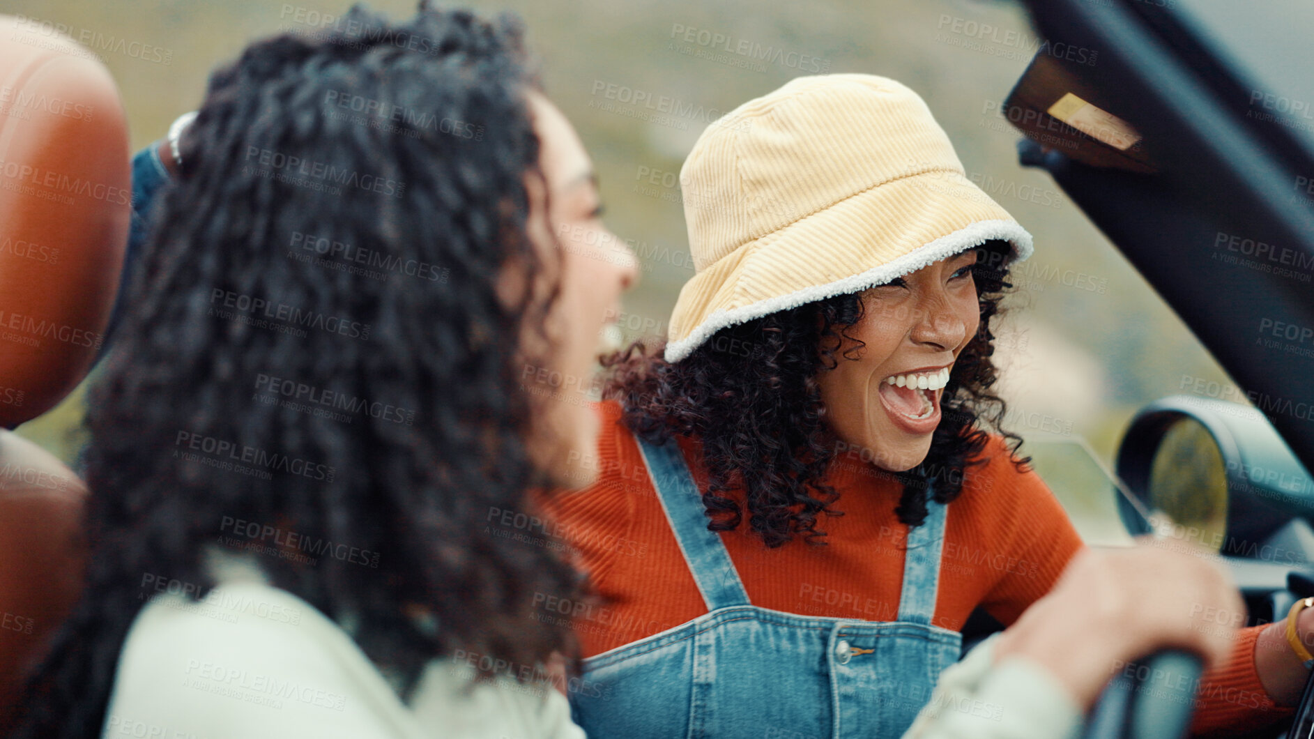 Buy stock photo Women, road trip and happy friends laughing in car for holiday, travel or vacation. Outdoor adventure, drive and girls with funny joke, smile or motor vehicle for weekend getaway, humor or tourism