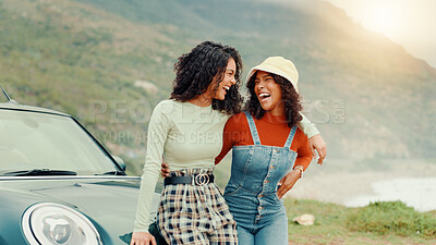 Buy stock photo Hug, road trip and happy friends laughing together for holiday, travel or vacation. Outdoor adventure, smile and women with funny joke, memory or motor vehicle for weekend getaway, scenery or view