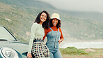 Portrait, girls and happy friends hug on road trip for bonding, holiday travel or vacation in group. Outdoor, excited or women with love, smile or motor vehicle for support, adventure and tourism