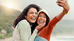 Friends laughing, women and selfie at beach for vacation, holiday and happy memory on island. Smile, girls and take picture together at ocean for social media post, funny and travel on trip outdoor