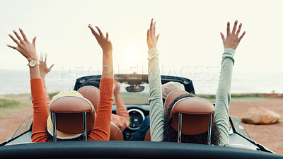 Buy stock photo Back, hands up and friends in car on road trip for bonding, holiday travel or vacation in group. Outdoor, excited or people with energy, transport or motor vehicle for freedom, adventure and tourism
