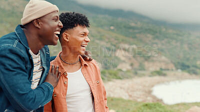 Buy stock photo Travel, view and friends with laughing on mountain for holiday adventure, exploring and funny joke. Space, men and happy together in nature with sightseeing environment, bonding and weekend getaway