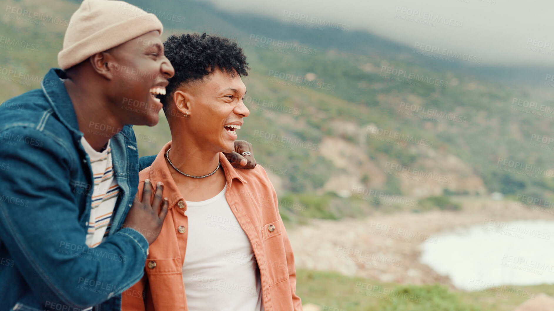 Buy stock photo Travel, view and friends with laughing on mountain for holiday adventure, exploring and funny joke. Space, men and happy together in nature with sightseeing environment, bonding and weekend getaway