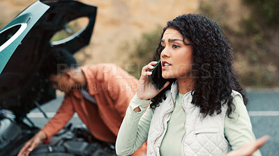 Buy stock photo Couple, talking or woman with phone call for broken car with travel crisis, engine fail or oil problem. Emergency, people and stress with contact for roadside assistance, repair service and insurance