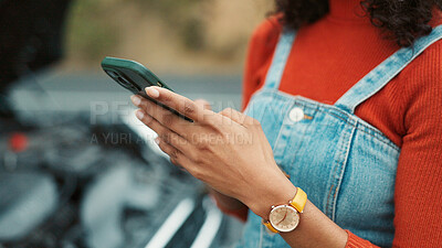 Buy stock photo Phone, hands and woman outdoor with roadside assistance on travel route with texting for help. Contact, tech and female person on mobile app for emergency insurance claim with stuck car on street.