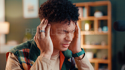 Buy stock photo Man, pain and headache of stress in home for mental health fatigue, anxiety and financial crisis. Debt, person and tension migraine in house for bankruptcy, finance mistake and overwhelmed by vertigo