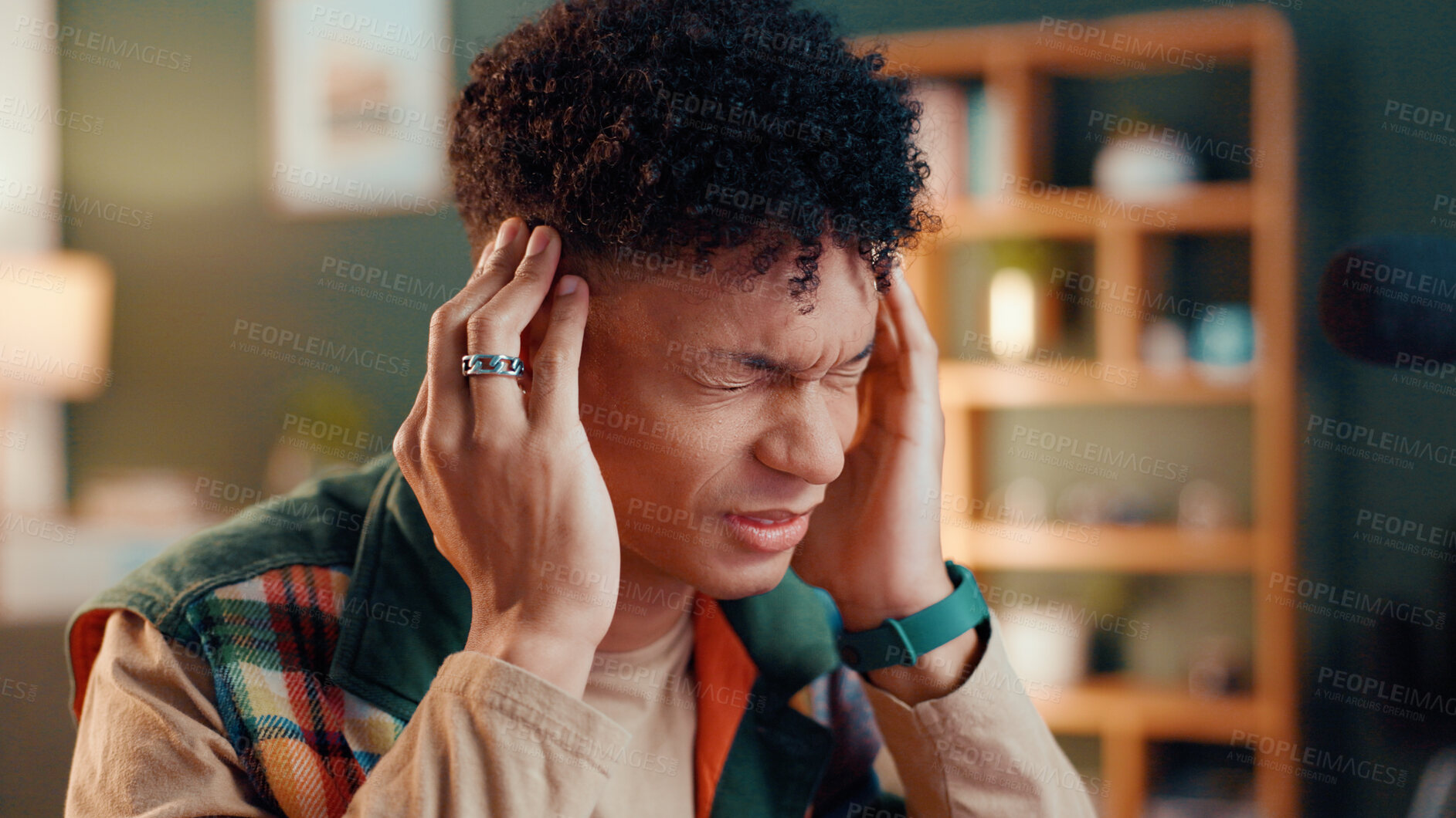Buy stock photo Man, pain and headache of stress in home for mental health fatigue, anxiety and financial crisis. Debt, person and tension migraine in house for bankruptcy, finance mistake and overwhelmed by vertigo