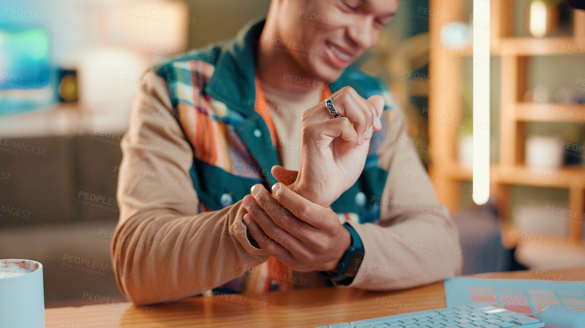 Buy stock photo Man, hands and designer with wrist pain for carpal tunnel syndrome or overworked muscle at home. Male person, sore arm or injury with discomfort for strain, pressure or joint inflammation at house