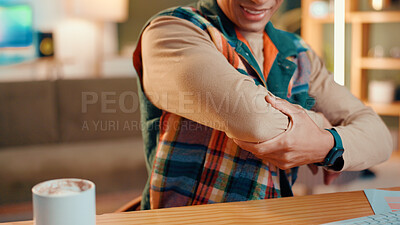 Buy stock photo Man, elbow or designer with arm pain for overworked, muscle tension or accident at home. Male person, sore bone or injury with discomfort or bruise for strain, pressure or joint inflammation at house