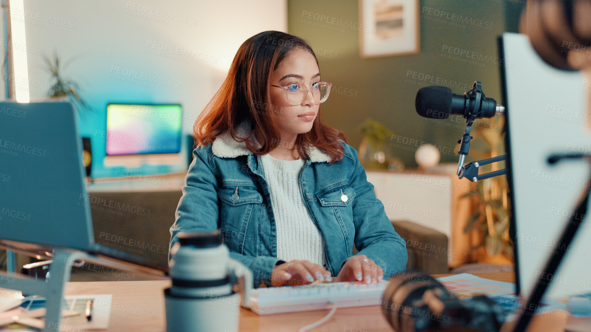 Buy stock photo Woman, influencer and typing on computer for photo editing or content creation at home. Female person, freelancer or caster with technology for research, graphic design or photography course at house