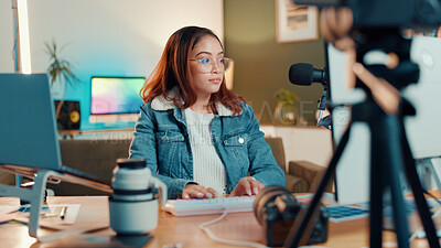 Buy stock photo Woman, designer and typing on computer for photo editing or content creation at home. Female person, freelancer or podcaster with technology or mic for research, production or photography course