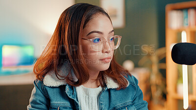 Buy stock photo Microphone, streamer and woman with broadcast for podcast, content creation or talk show. Live streaming, influencer and girl recording for social media, radio host and online entertainment at home